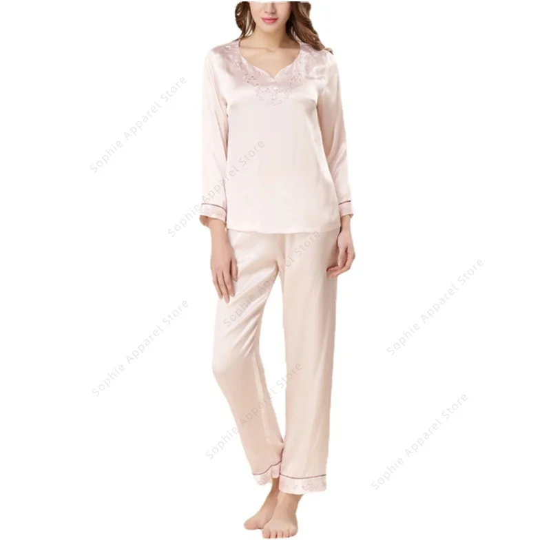 100% Pure Mulberry Silk Pajamas Set for Women Nightgown Classical Sleepwear Embroidered Summer Women's Loungewear