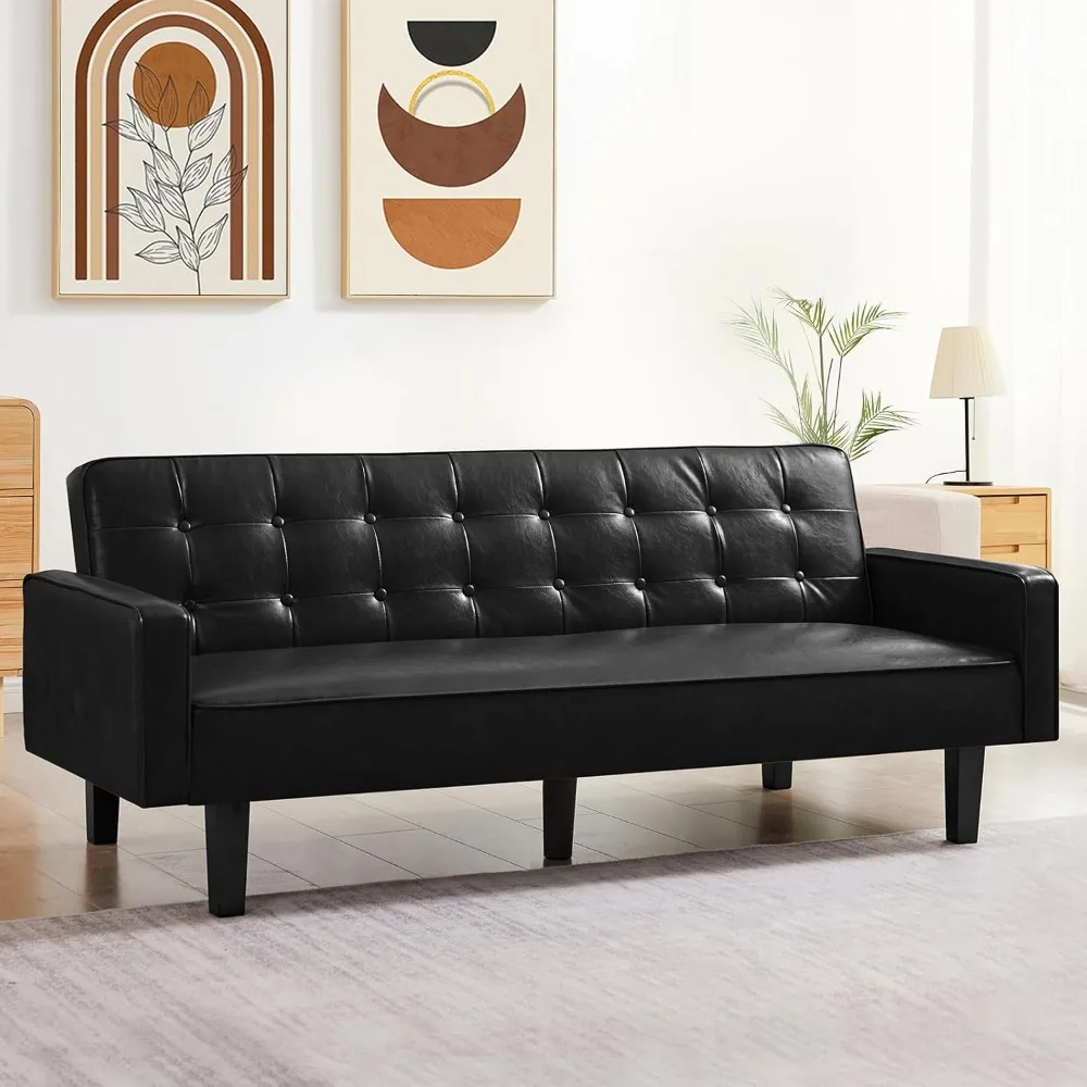 Faux Leather Futon Couch, Mid Century Modern Futon Sofa with Memory Foam, Convertible Futon Sofa Bed for Small Spaces