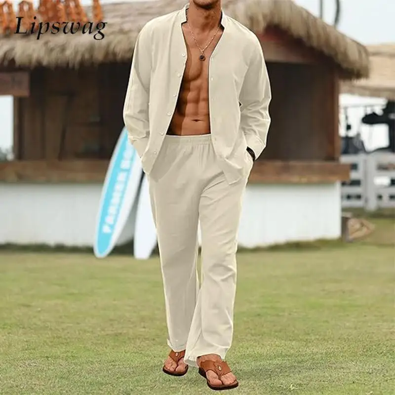 Seaside Beach Leisure Linen Outfits Mens Vintage Stand Collar Long Sleeve Tops And Pants Two Piece Sets Men Autumn Casual Suits