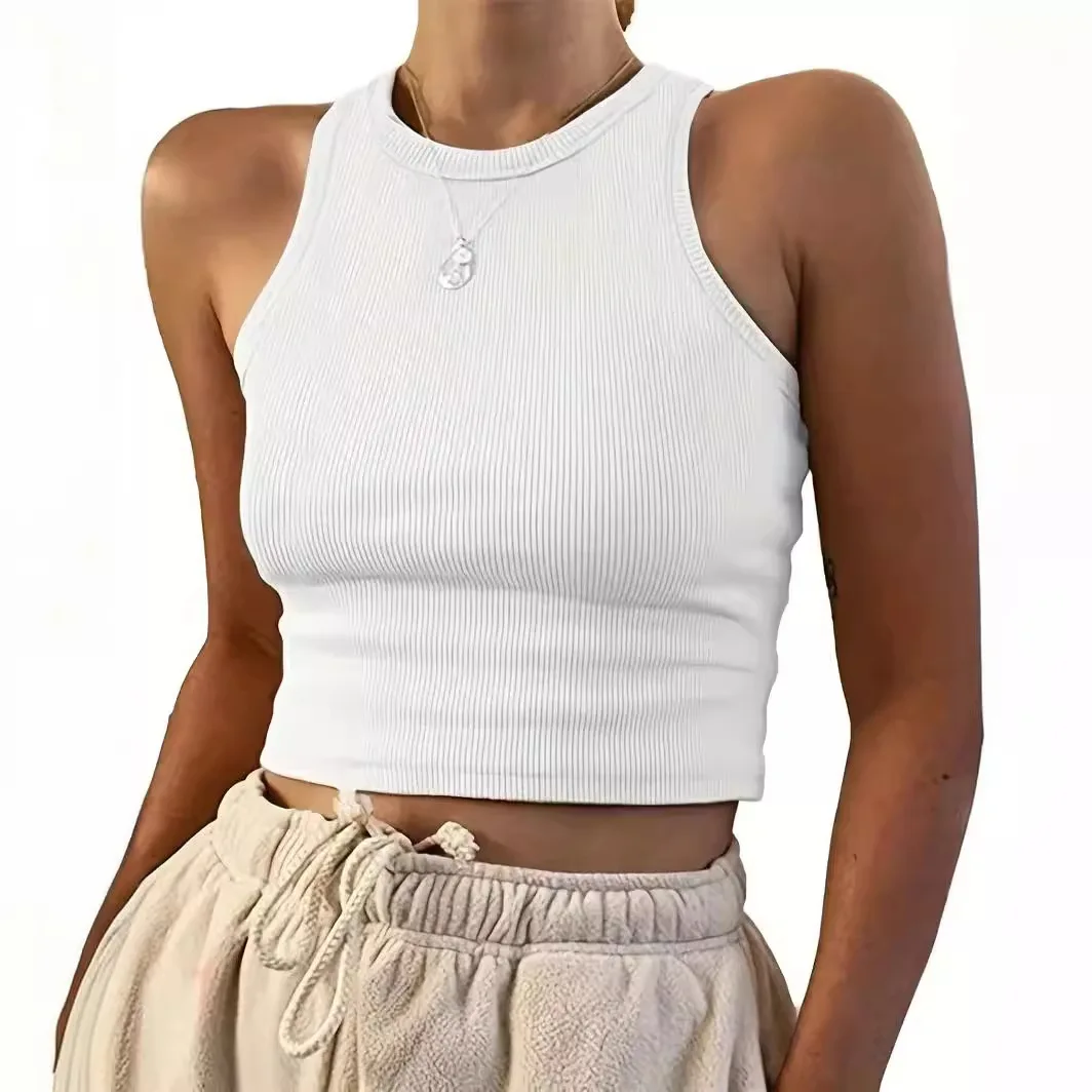 Camiseta sin mangas con espalda de nadador para mujer, Top corto elástico de punto acanalado sin mangas con cuello alto y espalda cruzada, ropa básica de verano
