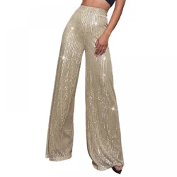 Pantaloni larghi scintillanti con paillettes Glitter da donna pantaloni Palazzo gamba dritta pantaloni Shiny Dance Bling Party Clubwear