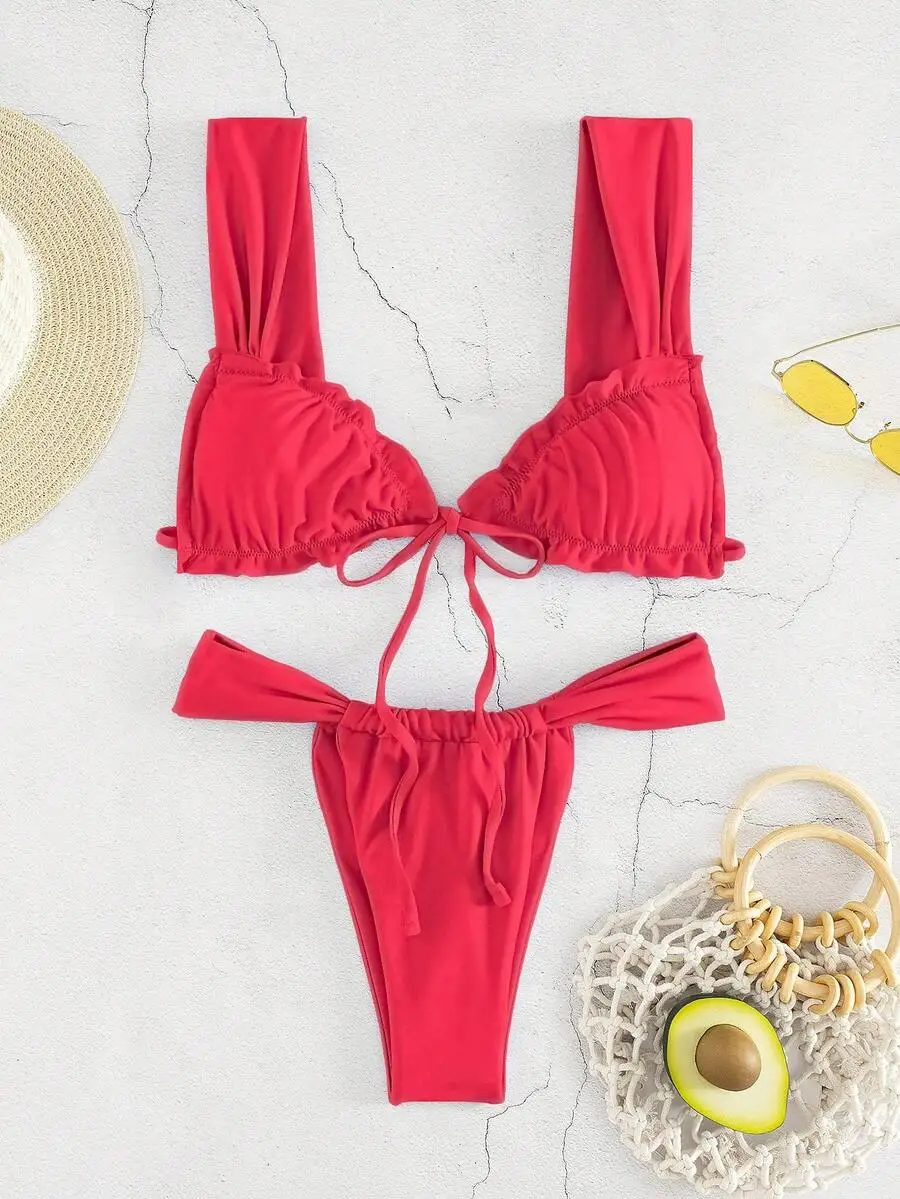 

Solid Color Tie Front Ruched Bikini Set For Women Summer Beach Swimwear