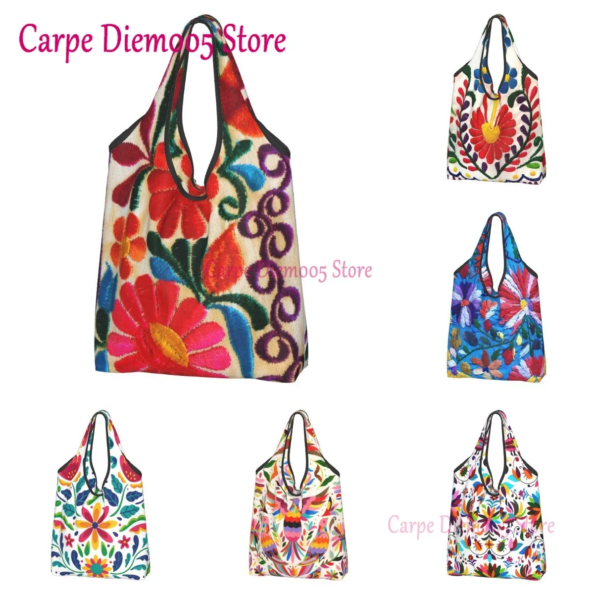 Fourre-tout d\'épicerie d\'art de broderie de fleurs mexicaines pour femmes, sac à provisions florales, sac à provisions populaire, sac à main de