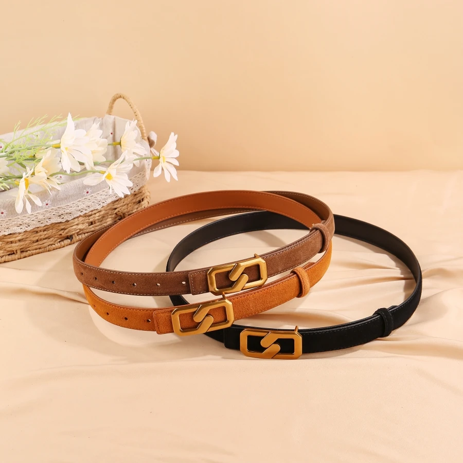 Women Reversible Cowhide Suede Belt with Gold Buckle Adjustable Waist Belt for Jeans Dresses Coats Ladies Fashion Belt