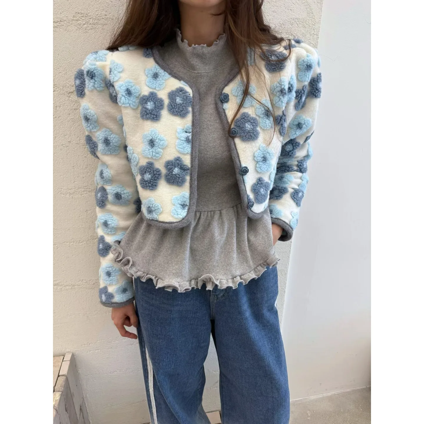 

Korean Sle Faionable Spring Autumn ort Jaet Lamb Fur Top Versatile 3D Flower Design Warm Bubble Sve round Ne Coat
