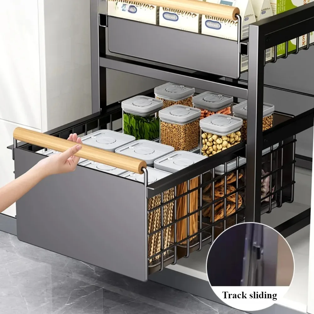 Bathroom Storage Rack With Pull-out Basket Layered Shelves Carbon Steel Under Sink Shelf Seasoning Bottle Kitchen Storage Racks