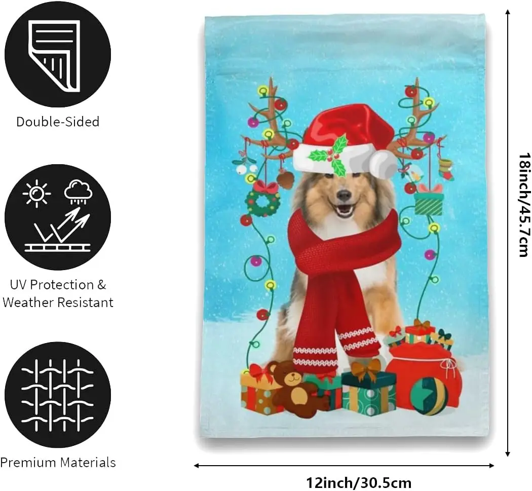 Christmas Garden Flag Rough Collie Dog Wearing Lights Garden Flag, for Dog Lovers, Double Side Printed Christmas Holidays Garden