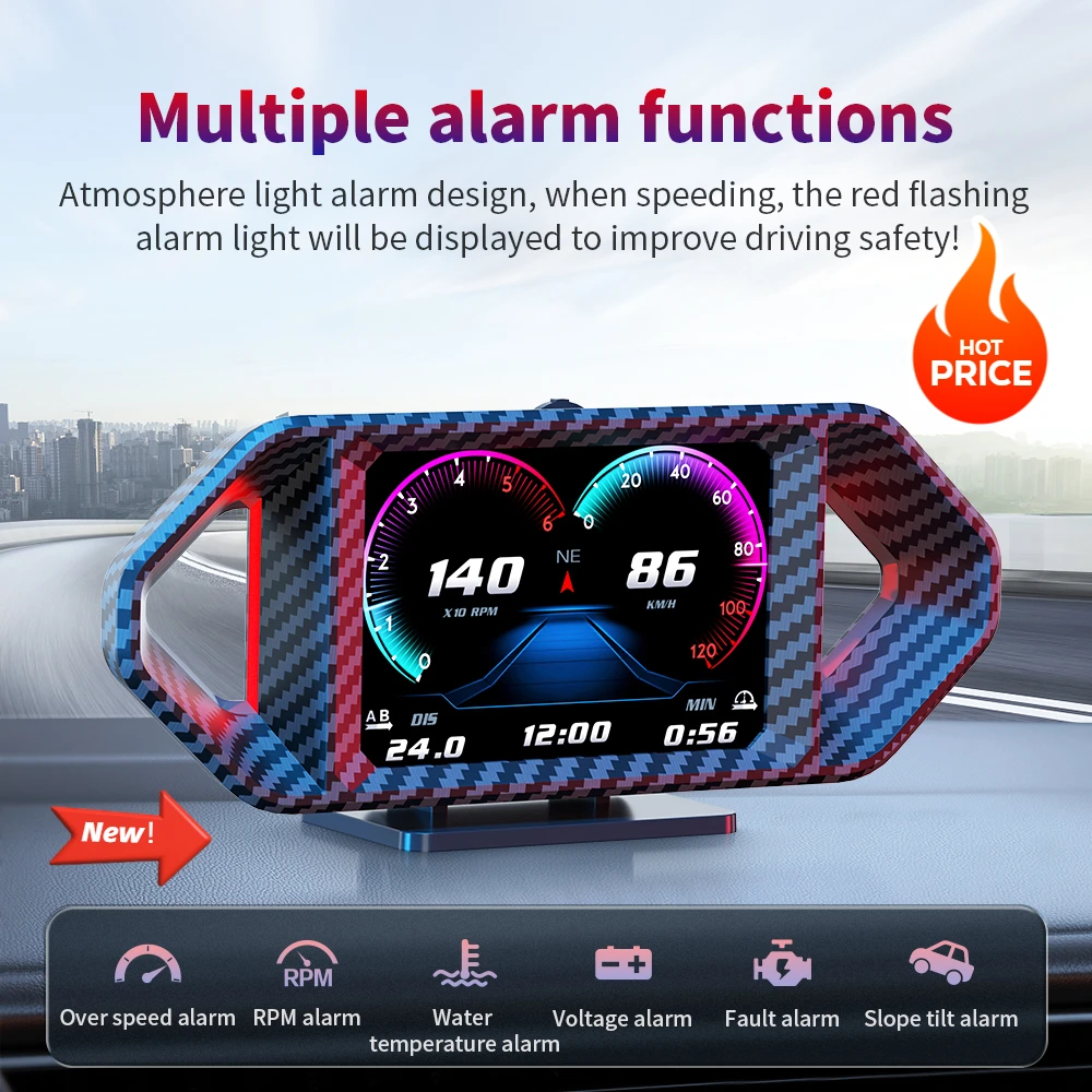 

Newest P26 OBD2+GPS Inclinometer Accelerometer Head-Up Display with 12 Screen Options Simulated Carbon Fiber Casing Car Hud