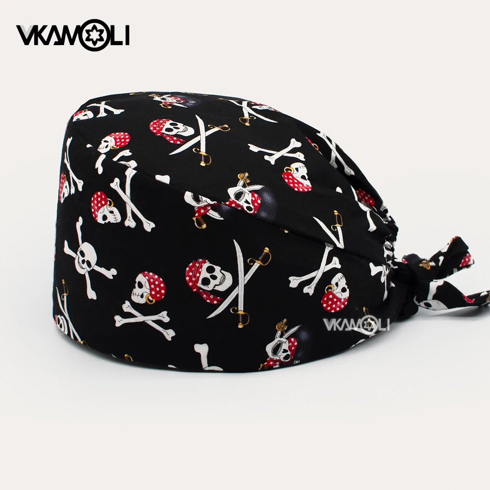 Wholesale Skull print Tieback medical Surgical hat doctor clinical lab cap nurse Dentist Beautician Pet shop scrub hat