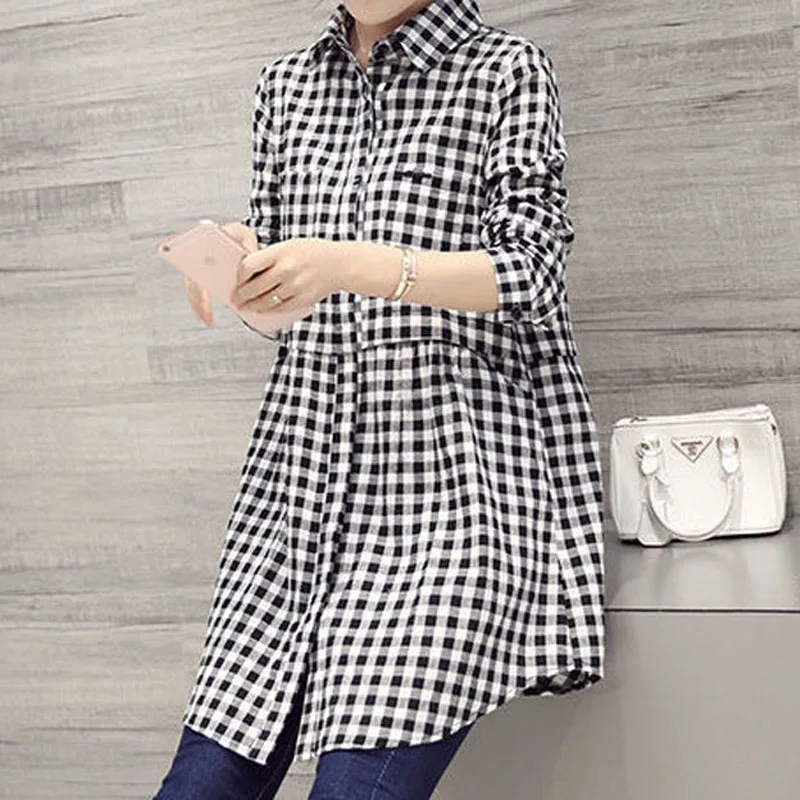 All-match Button Plaid Print Midi Shirt Female 2023 Spring Autumn New Korean Fashion Spliced Loose Long Sleeve Polo-Neck Blouse