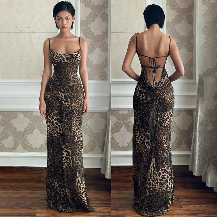 Leopard Print Spaghetti Strap Women Maxi Dress Cowl Neck Backless Tie Up Bodycon Long Dress Club Party Evening Night Out Outfit