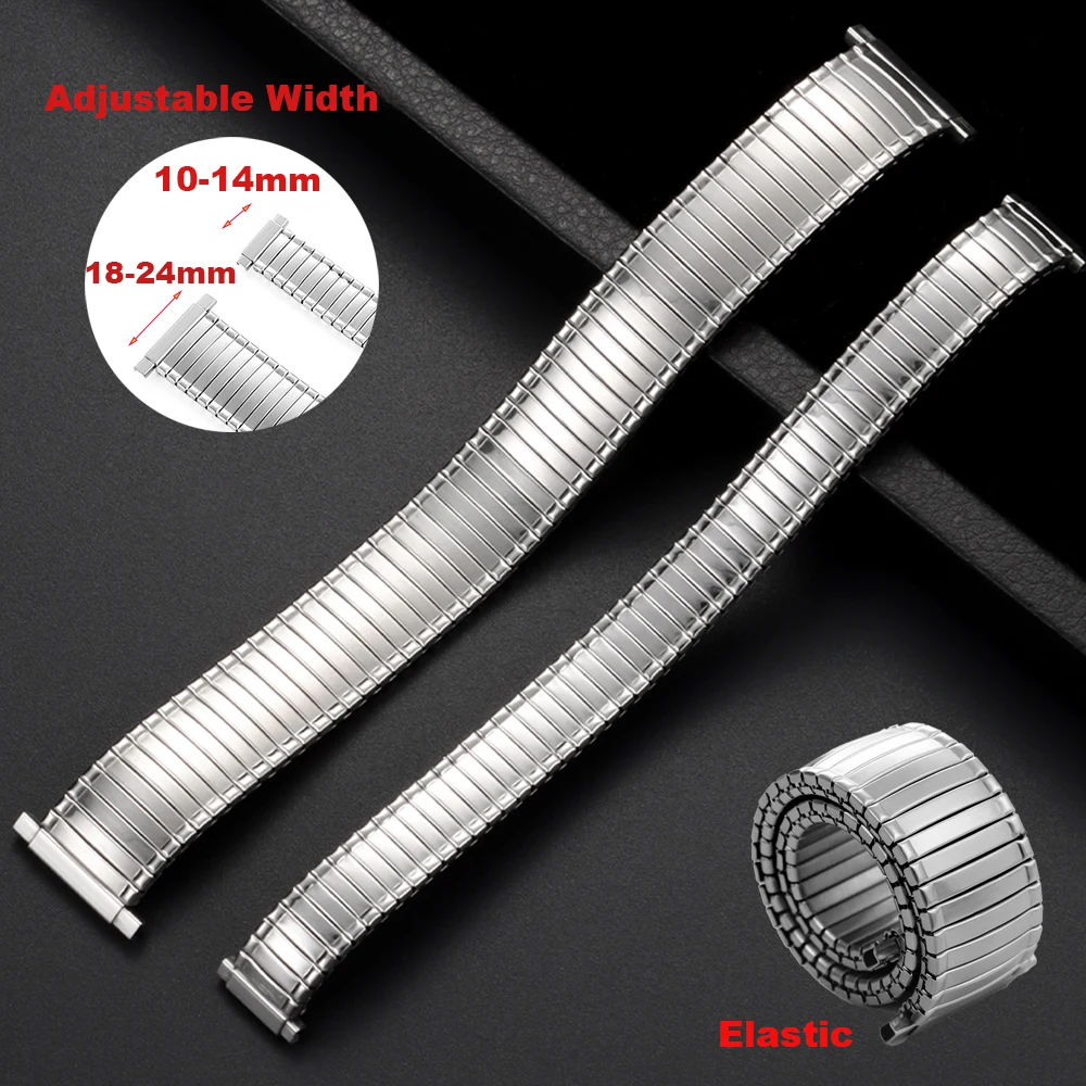 Stainless Steel Elastic Strap Metal Watch Band 10-14mm 16mm-23mm Women Men Universal Metal Expansion Adjustable Width Watchband