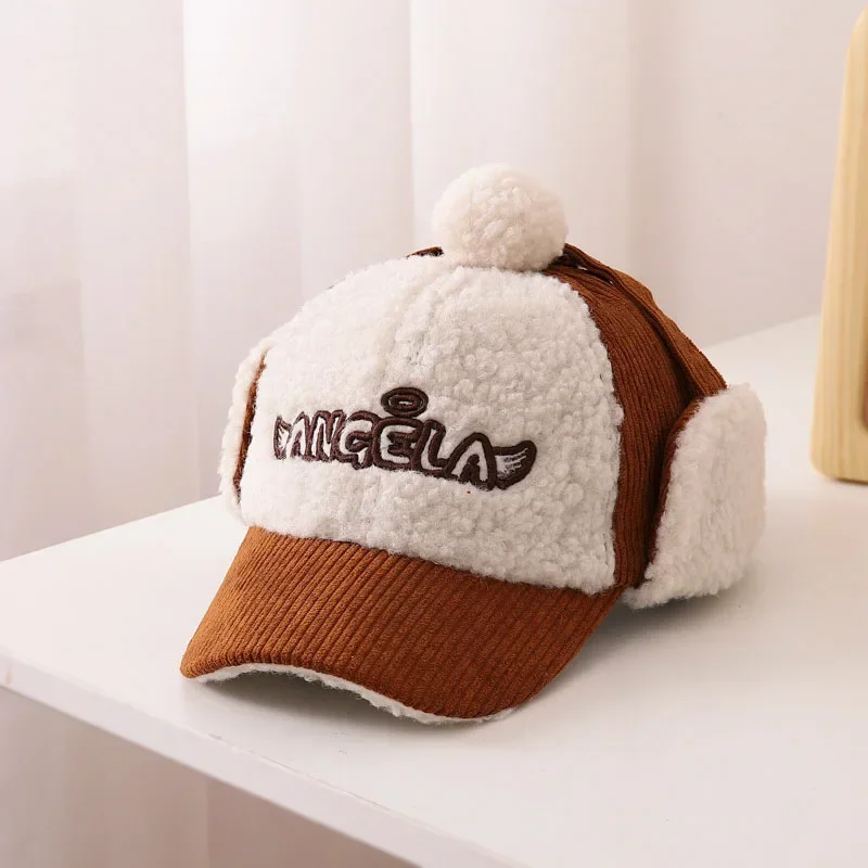 Corduroy Children Fall Winter Hats with Ear Flaps Plush Baseball Cap for Kids Cute Pompom Boy Girl Winter Cap 3-8 Years