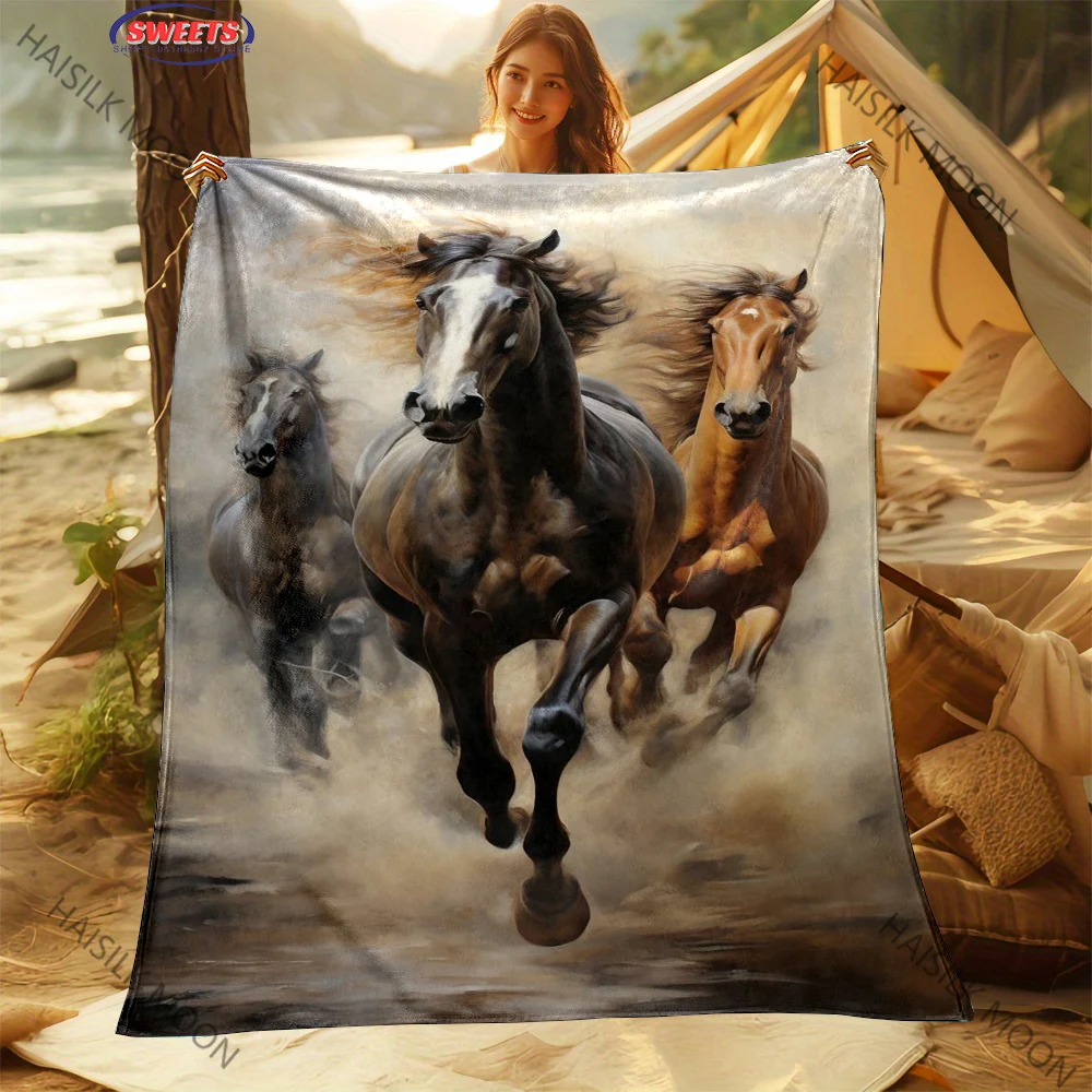 Running Horse Print Queen Size Blanket, Ultra-Soft Plush Bedding, Blanket for Couch Bed Office, Four Seasons Blanket Great Gifts
