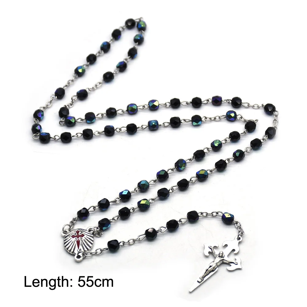 Santiago Rosary Necklace Long Metal Shell Cross Pendant Crystal Beads For Men Women