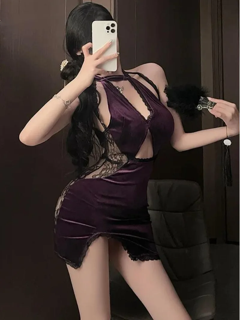 2024 Summer Fashion Women\'s New Lace Pattern Open Chest Transparent Exotic Chinese Cheongsam Hanging Collar Elegant Dress KCCU