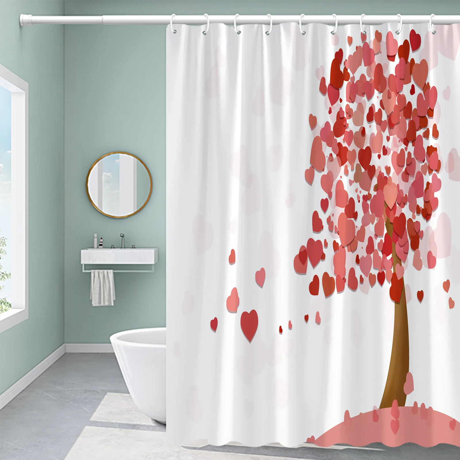 Decoración del Día de San Valentín, rosas rojas Cortina de ducha con globos, flor colgante, corazones completos de árbol, cortina de baño de tela estampada