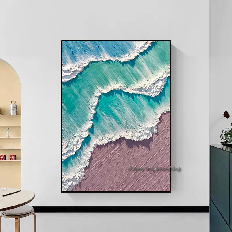 Soft Tone Minimal Beach Oil Painting, Palette Knife Heavy Impasto Teal Waves Dusty Pink Coast Textured Canvas Artwork