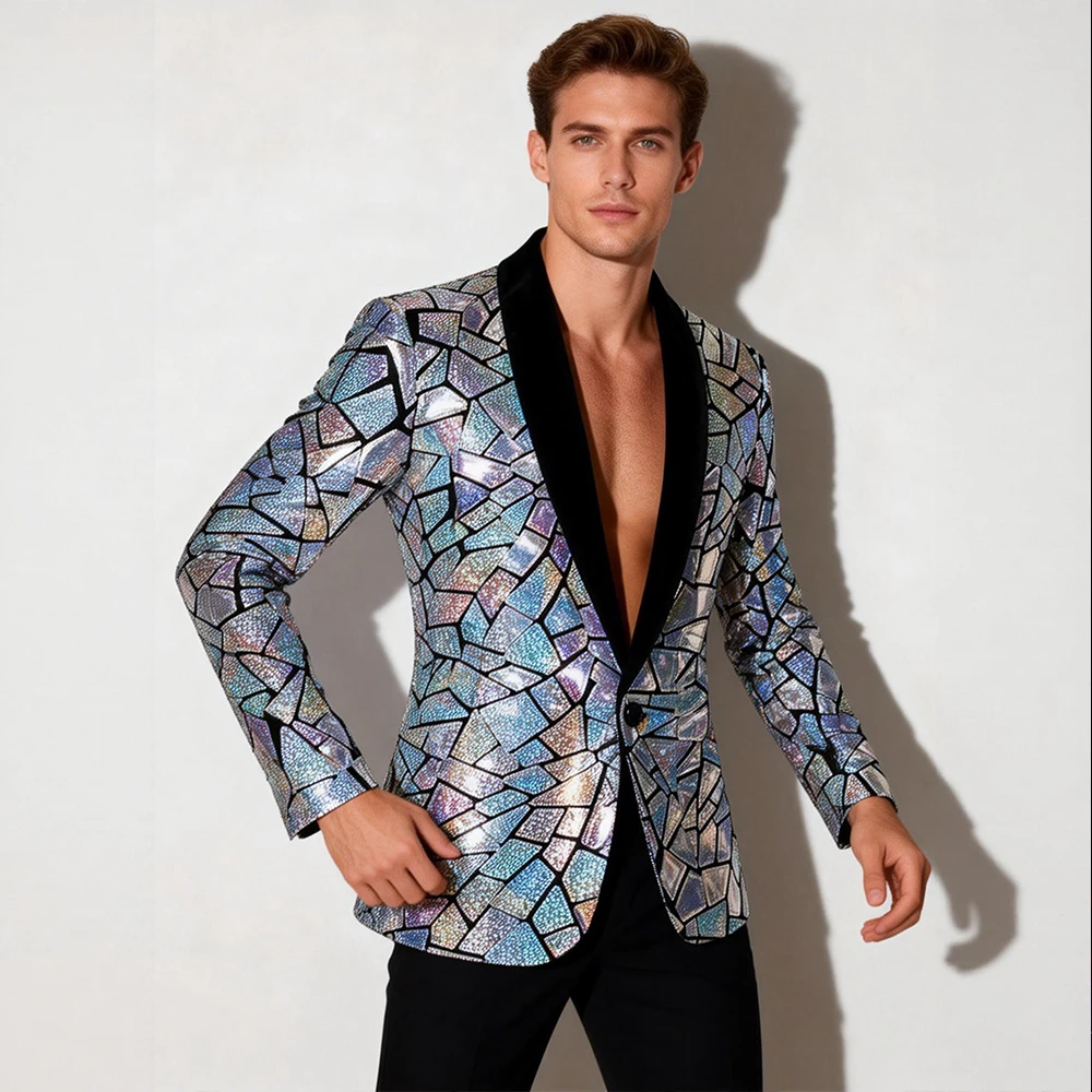 

Men's Silver Geometric Sequin Tuxedo Jacket Sparkling Top for Prom Wedding Party Nightclub Occasions