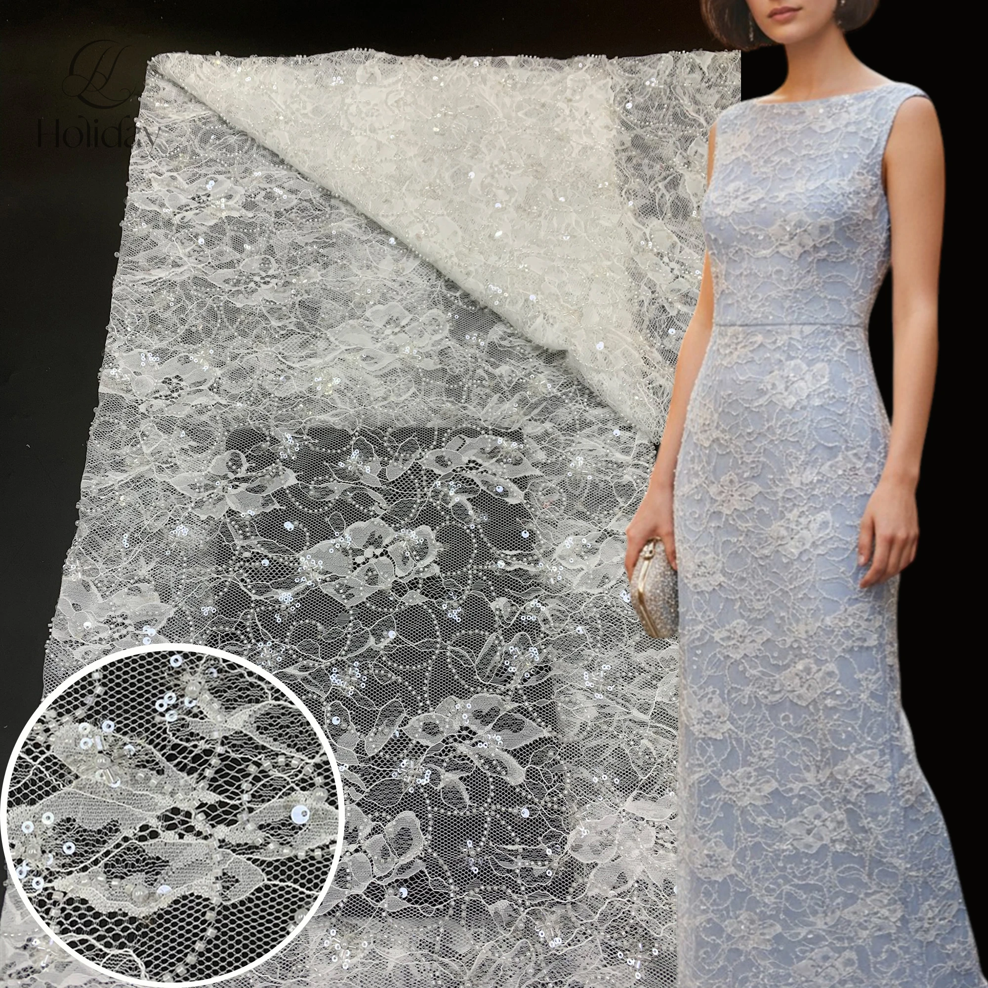 豪華な重装飾3dビーズ-チューブ-スパンコール刺繍レース生地、ウェディングドレスやイブニングドレス用