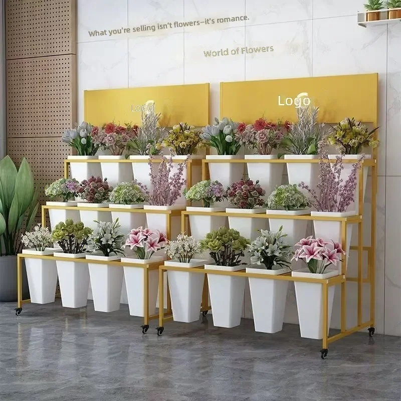 for Kainice Customizable Iron Heavy Duty 3 Shelf Trolley Multi Layer Metal Ladder Wrought Iron Flower Stand for Flower Shop