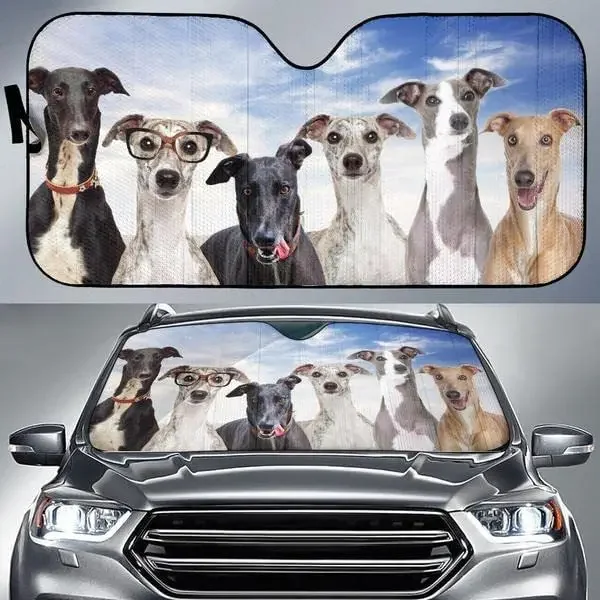 3D Funny Greyhound Team Blue Sky Pattern Car Sunshade, Greyhound Lover Gift, Greyhound Auto Sunshade for Car Decor, Car Windshie