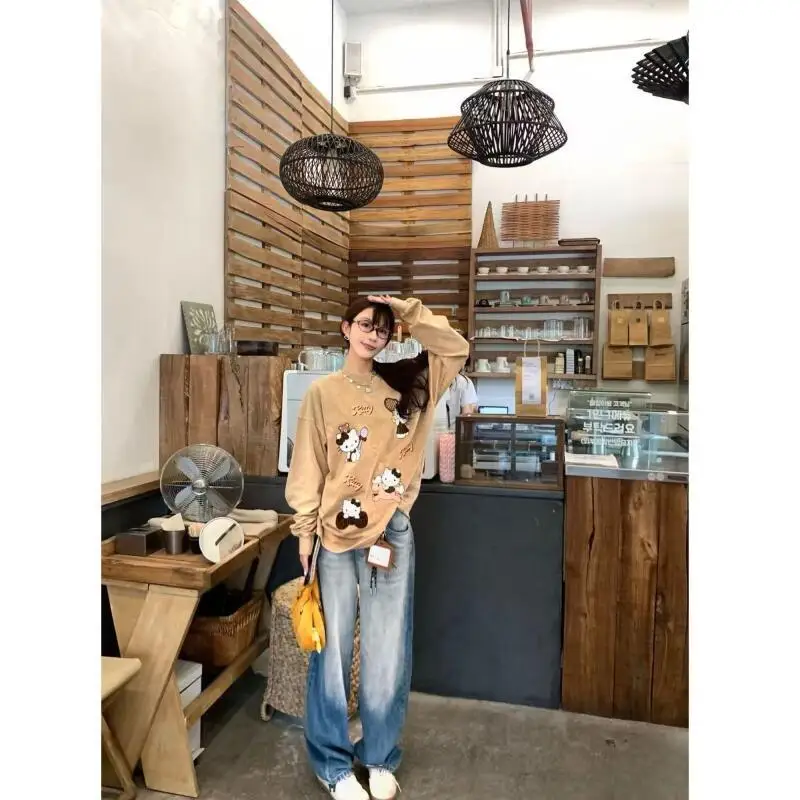 

Sanrio HelloKitty Girl Kawaii Anime Fashion Student Casual Long-Sleeved Autumn and spring shirt Round neck Pullover New tops