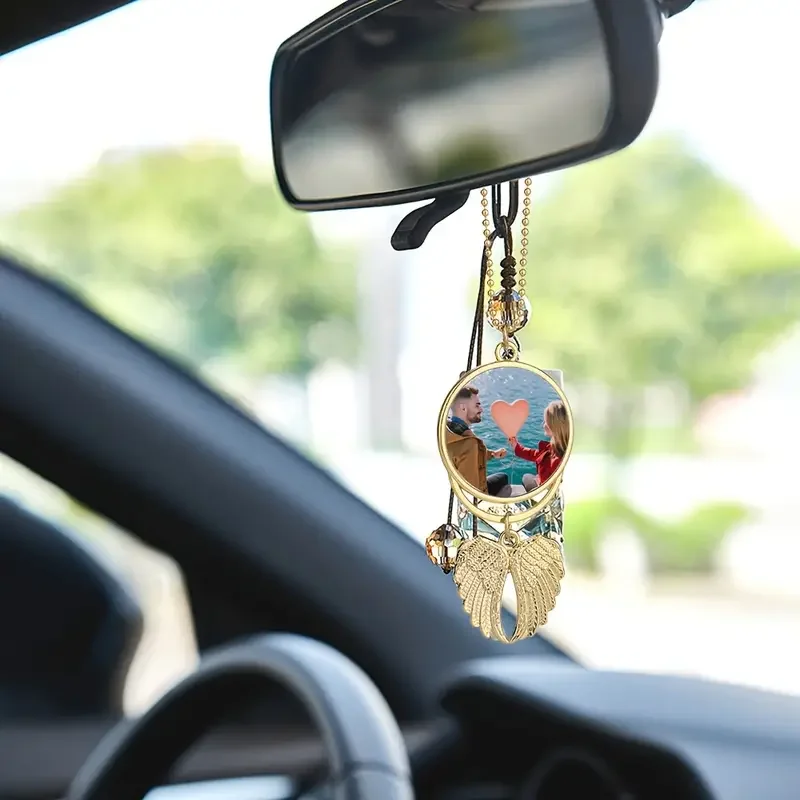 Personalized Double-sided Photo Car Pendant Angel Wings Pendant Rearview Mirror Angel Wings DIY Car Pendant For Car