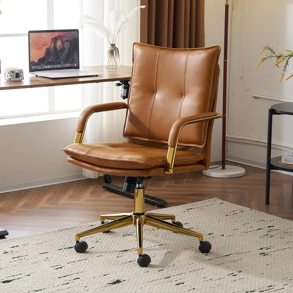 

Faux Leather Executive Office Chair with Gold/Sliver Legs and Adjustable Swivel – Style Meets Comfort Task Chair (Camel &