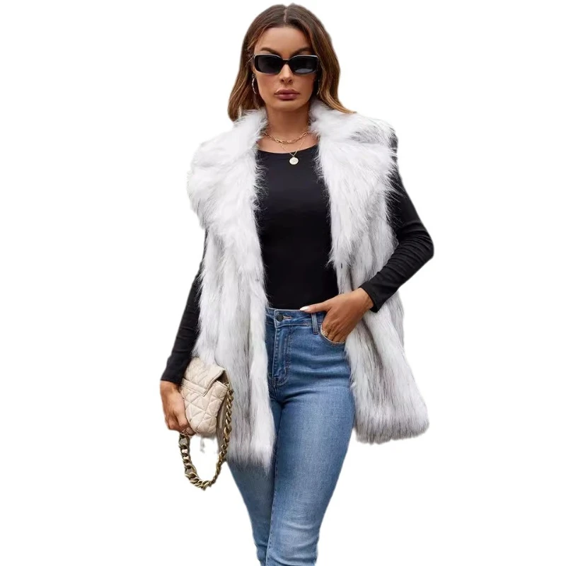 Faux Fur Women Coats Vest Sleeveless Turn Down Collar Open Stitch Warm Thick Elegant Splice A Line Coat Autumn Winter 2024