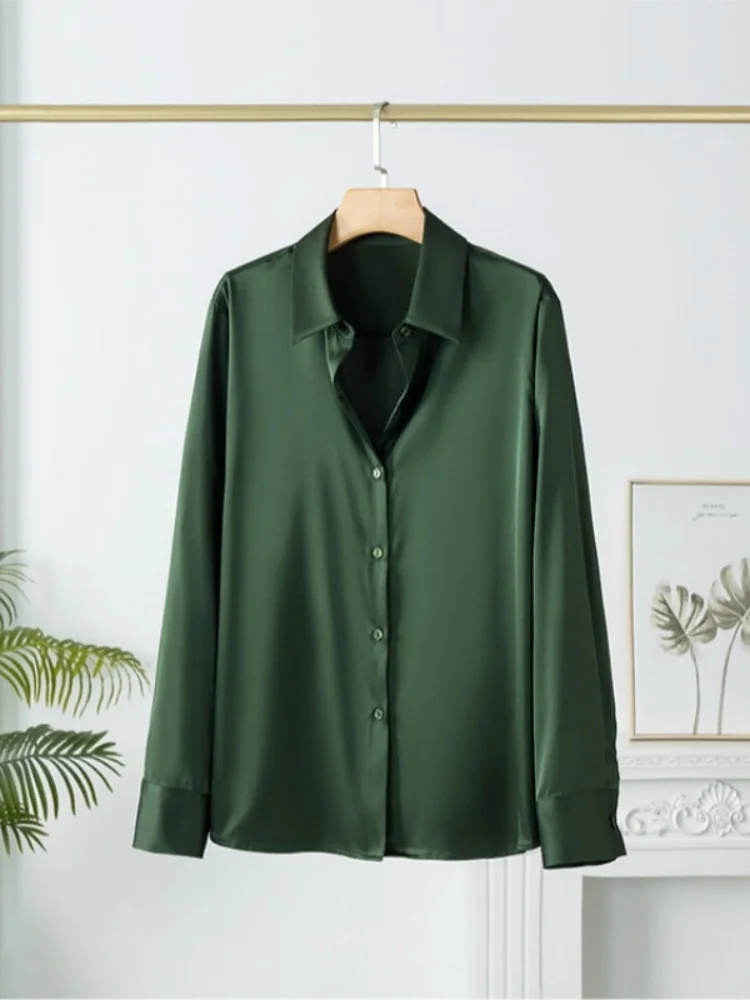 

Birdtree,19MM 93% Mulberry Silk 7% Spandex Blouse,Women's Silk Stretch Satin Lapel Tops,Single Breasted Drape Shirt T5D607JF