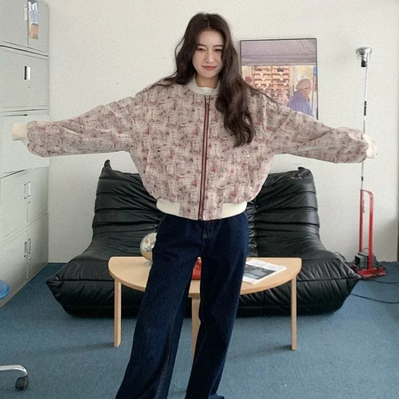 ​ 2025 novo estilo coreano jaqueta de beisebol feminina com impressão na moda solto ajuste petite outono outerwear venda quente ​