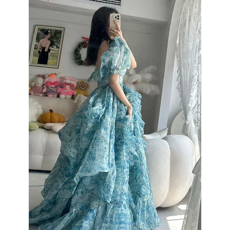 

Floral Print Evening Party Dress Women 2024 Puff Sleeve Elegant Princess Long Dres Ladies France Vintage Open Fork Dress Summer