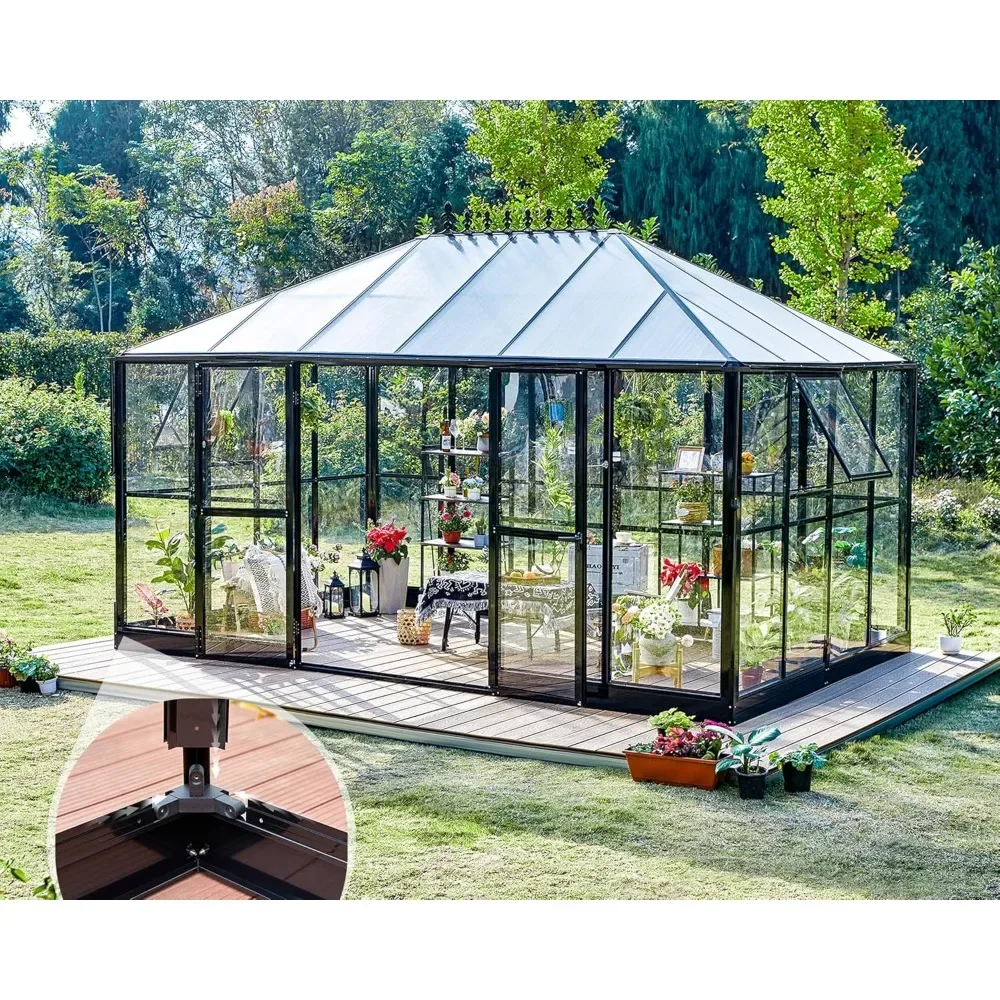 

14x9.5x9 FT Greenhouse Quick Connector Fast Assembly,Swing 2 Doors Clear Panels, Large Aluminum Greenhouse Garden Supplie