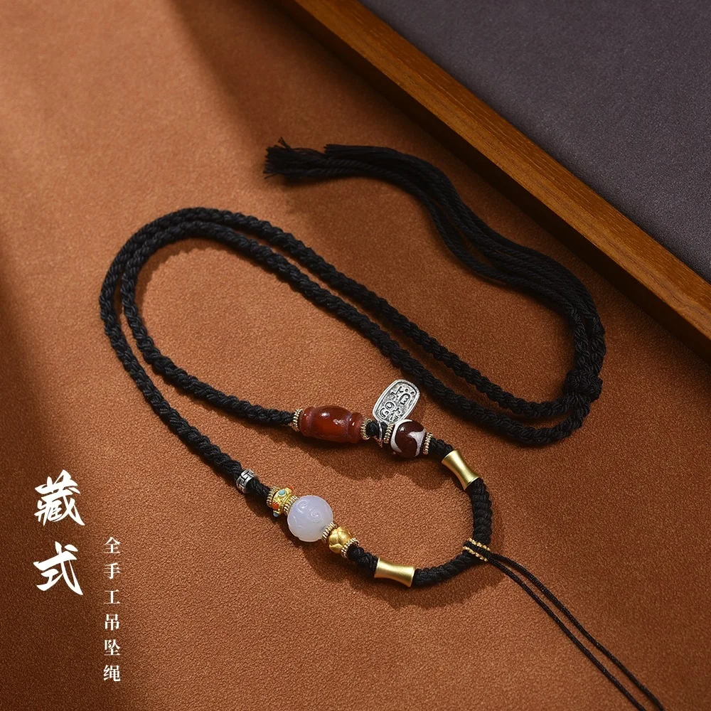 

Tibetan Hand Woven Tangka Pendant Tianzhu Buddha Brand Necklace Honey Wax Jade Hanging Adjustable Black Rope Lucky Jewelry