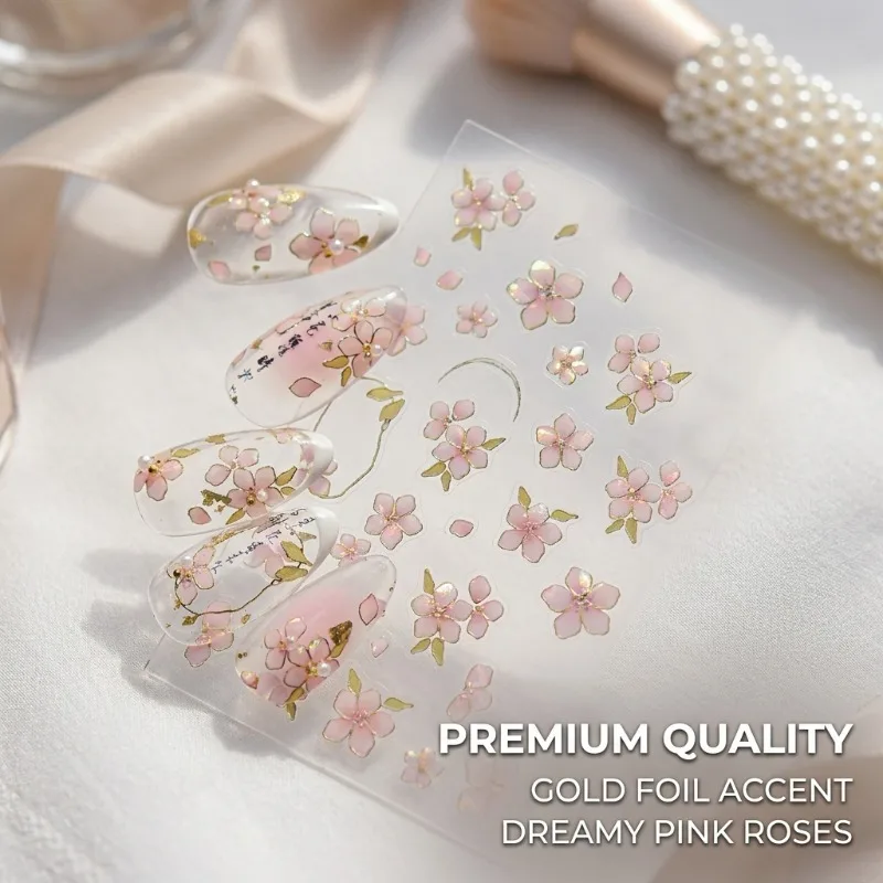 

Tomoni Gold Foil Nail Stickers, Dreamy Pink Rose Nail Art Decals, Ins Popular Floral Nail Stickers for Manicure