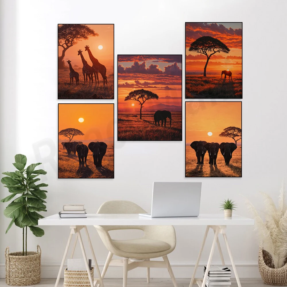 African savanna sunset giraffe print, acacia tree and elephant canvas painting, golden sunset, wildlife, home decor poster.