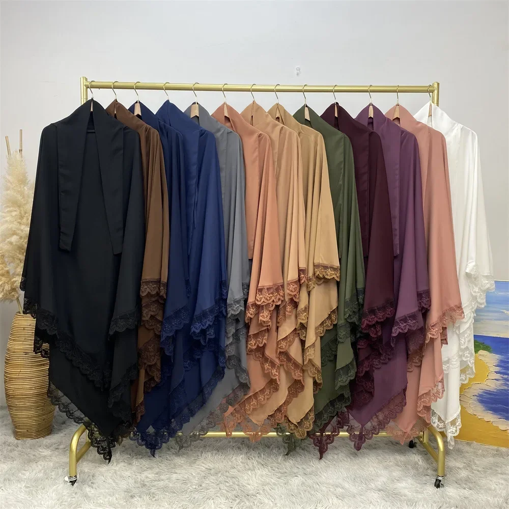Eid Khimar Pizzo Pianura Lunga Khimar Sciarpa Hijab Musulmano Modesto Moda Preghiera Hijab Islam Abbigliamento Ramadan Djellaba Kebaya Jalabiya
