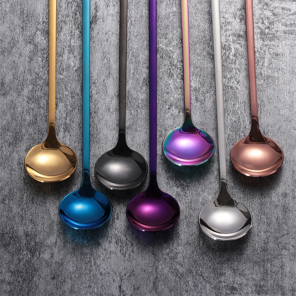 Rainbow Color Coffee Tea Stir Spoon Long Handle Ice Cream Dessert Spoons Eco-Friendly Stainless Steel Tableware Kitchen Supplies