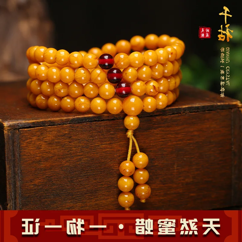 Live Streaming Old Beeswax Bracelet108Yellow Chicken Grease Buddha Beaded Necklace Amber Rough Stone Multi-Circle Bracelet for M