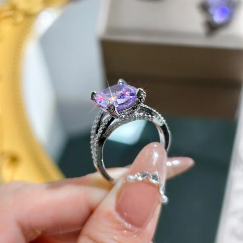 Starry Sky Cut Purple Lithium Fluorescent Light Color-Changing Elegant Full Diamond Open Ring Women's Pendant Earrings Three-Pie