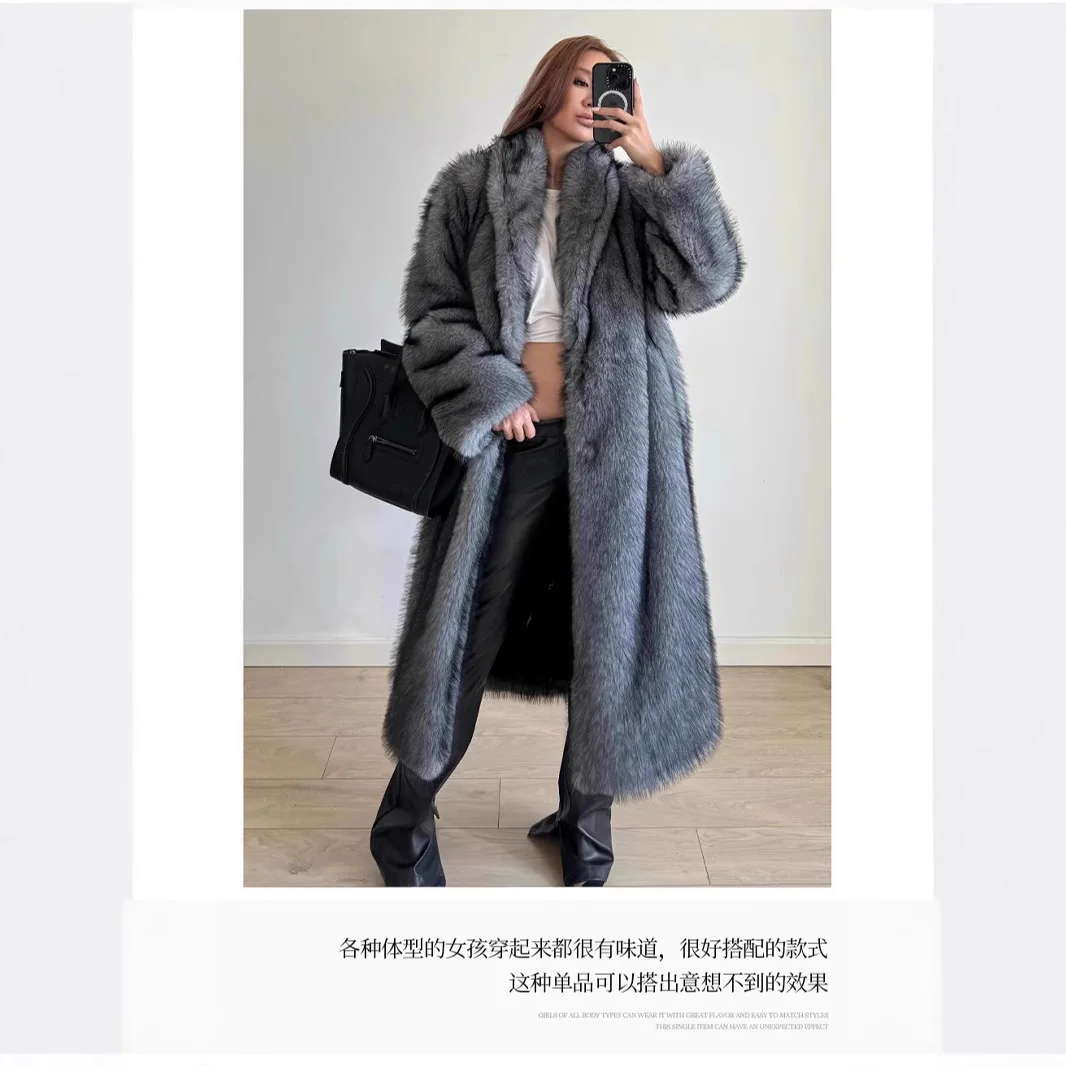 الرجعية طويلة المرأة الشتاء ايكو الفراء جاك رفض طوق الاصطناعي التدرج الفراء سترة لسيدة فوق الركبة معطف الفرو الإناث #5