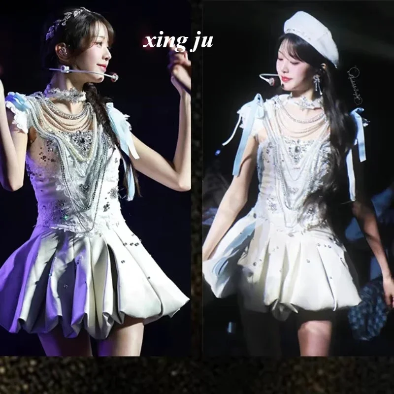 

Kpop Korean Singer Stage White Lace-up Sling Dresses Women Jazz Dance Costume Nightclub DJ Performance Suit Festival Party Wear