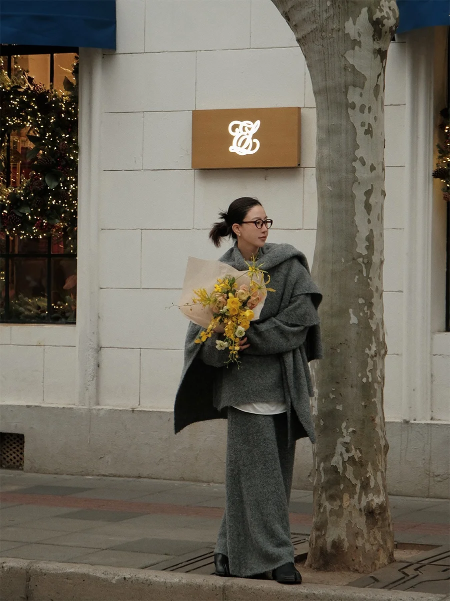 

Moereop nt Beau Lazy Series Circle Woolen Lazy Knitted awl Tee-piece Set Long Sve Winter Spring Faion Set