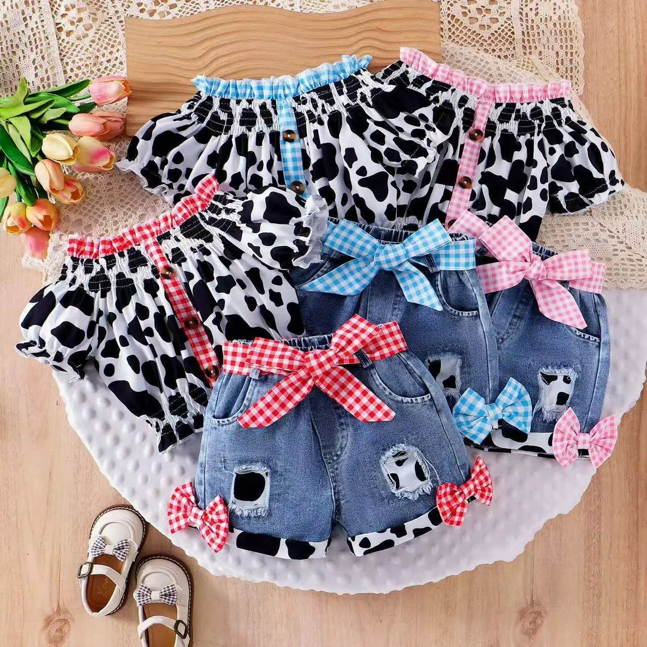 

Girls Summer Outfit Leopard Print Sleeveless Top and Distressed Denim Shorts with Frayed Hem and Belt Set