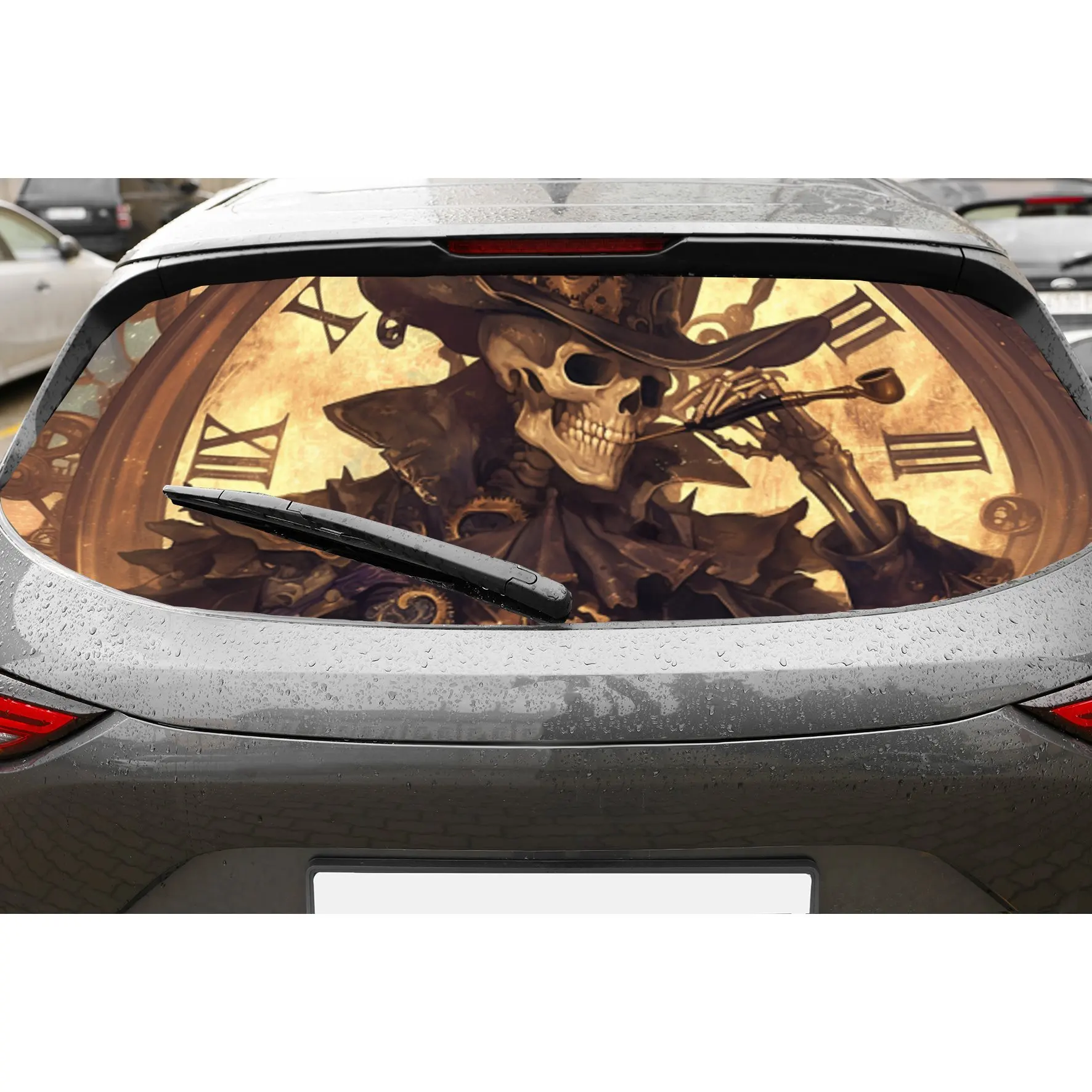 

Clock Steampunk Skull PVC Perforated Car Vinyl Wraps, Privacy Enhancing Design for Rear Window, Car Rear Windshield Sticker for