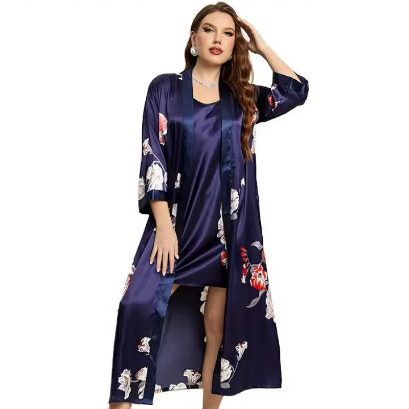 XL-5XL Large Size Bathrobe Gown Suit Summer Women Sleepwear Nighty&robe Set Nightwear Nightgown Satin Home Dress Lounge Wear