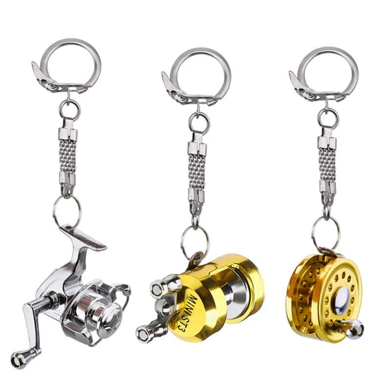 1Pcs Alloy Fishing Reel Drum Pendant Keychain Key Ring Outdoor Small Fishing Tackle Mini Miniature Sea Fishing Spinning Wheel