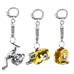 1Pcs Alloy Fishing Reel Drum Pendant Keychain Key Ring Outdoor Small Fishing Tackle Mini Miniature Sea Fishing Spinning Wheel