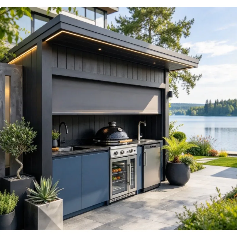 High-end Terrace 304 Stainless Steel Outdoor Kitchen Set, Fireproof Outdoor Kitchen BBQ Island, Outdoor Cabin with Courtyard